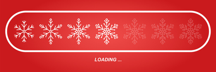 flat transparent white snowflakes as loading bar progress indicator, winter stock vector illustration clip art icon, design element on red background