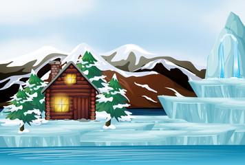 Scene with house in the snow mountain
