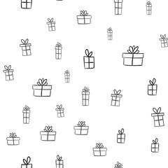 Gift box doodles seamless pattern. Christmas present background texture.