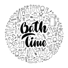 Hand drawn poster 'bath time', doodle style. Vector illustration. EPS 10