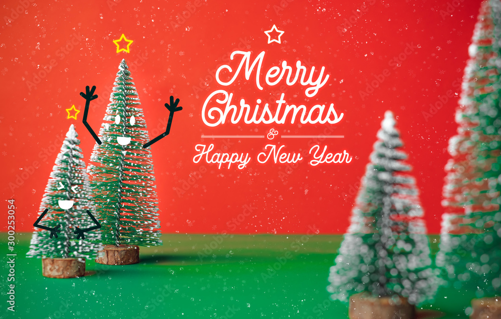 Poster merry christmas and happy new year type with xmas tree with smile face emotion doodle style decorati