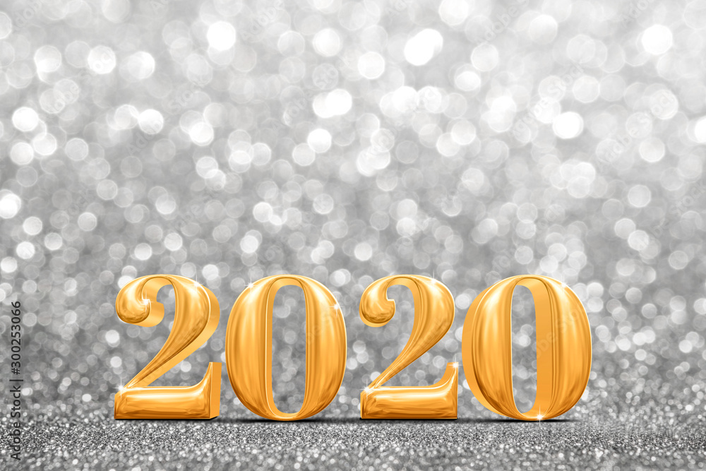 Poster 2020 golden new years 3d rendering at abstract sparkling bright silver glitter perspective backgroun