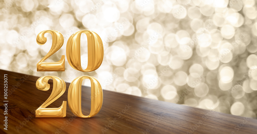 Aufkleber happy new year 2020 gold glossy (3d rendering ) on angle wood table with sparkling gold bokeh wall,b