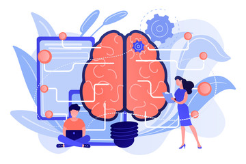 Big brain with circuit and programmers. Artificial intelligence, machine learning and data science, cognitive computing concept on white background. Pink coral blue vector isolated illustration