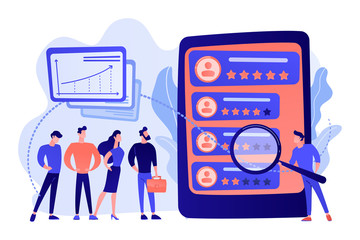 Tiny people analyst observing the workers performance on tablet. Performance rating, employee work measurement, work efficiency feedback concept. Pink coral blue vector isolated illustration