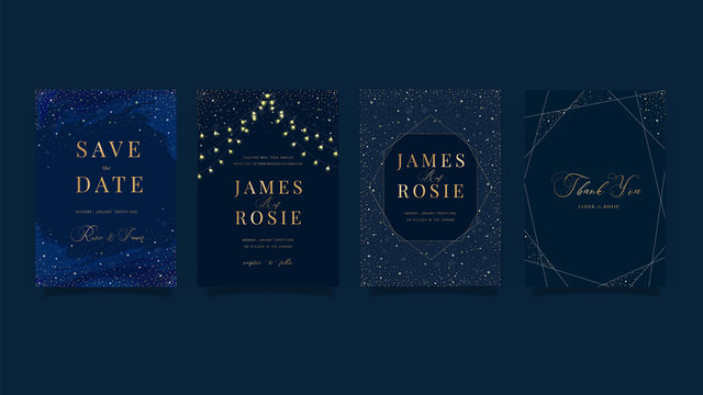 set of navy Blue Universe Wedding Invitation, universe invite thank you, rsvp modern card Design in little star light in the sky, space Vector elegant rustic template