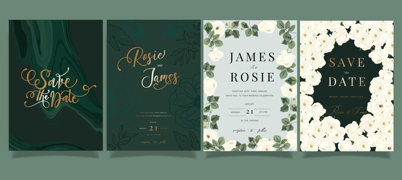Mix Emerald green Luxury Wedding Invitation, floral invite thank you, rsvp modern card Design in white rose and peony with  leaf greenery  branches decorative Vector elegant rustic template