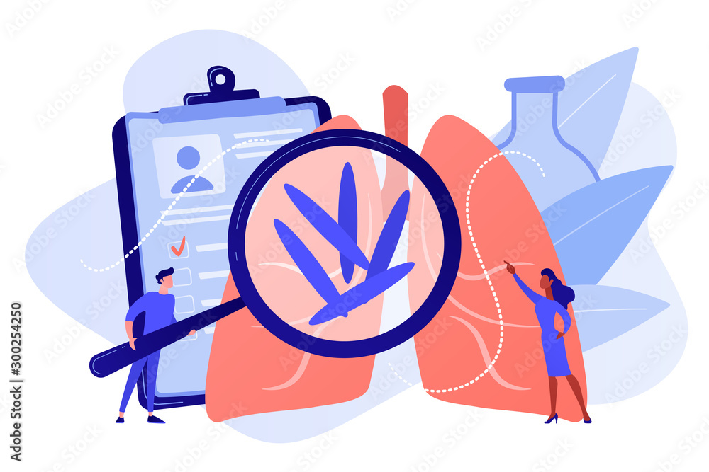 Wall mural doctot with magnifier looking at bacteria in lungs. tuberculosis, mycobacterium tuberculosis and wor