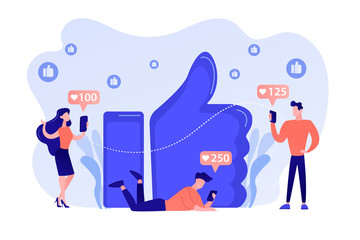 Tiny business people with smartphones and tablet get like notifications. Likes addiction, thumbs-up dependence, social media madness concept. Pinkish coral bluevector isolated illustration