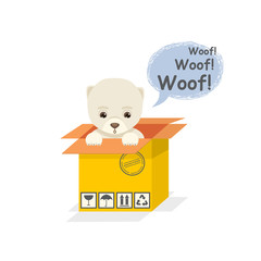 Cartoon dog sits and looks out of a cardboard box