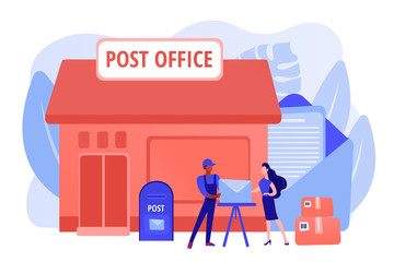 Naklejka premium Documents, letters express courier delivering. Postal services. Post office services, post delivery agent, post office card accounts concept. Pinkish coral bluevector isolated illustration