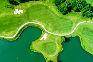 Aerial view of golf course and water