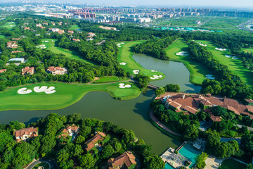 Aerial view of a beautiful green golf course.high angle view.