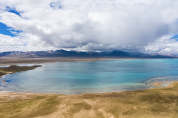 aerial view of plateau lake at golmu kunlun mountain hinterland