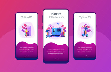Businessman riding segway on the city tour, shopper and action camera. City segway tours, modern urban tourism, city tourist excursion concept. Mobile UI UX GUI template, app interface wireframe