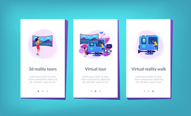Business people on virtual reality tour 360 watching beautiful landscape and a camera. Virtual tour, 3d reality tours, virtual reality walk concept. Mobile UI UX GUI template, app interface wireframe