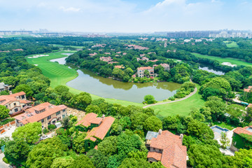 Fototapeta na wymiar Aerial view of a beautiful green golf course.high angle view.