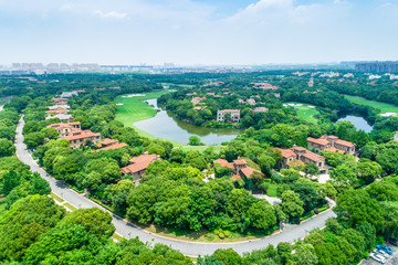 Aerial view of a beautiful green golf course.high angle view.