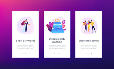 Bride and groom at wedding party and guests with gifts at big cake. Wedding party planning, bridal party ideas, bridesmaid dresses and gowns concept. Mobile UI UX GUI template, app interface wireframe