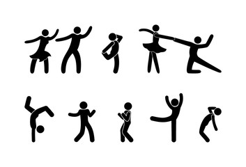 people dancing, having fun, sticks figure, dance icons, human body pictograms, isolated set