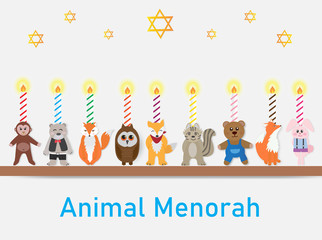Happy Hanukkah celebration with animal menorah.