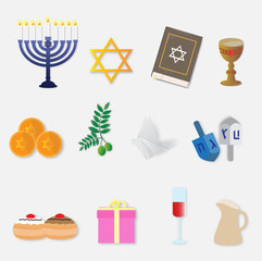 Happy Hanukkah celebration with set of icons.