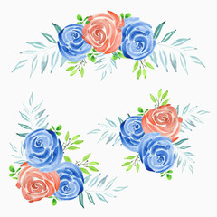 Set of rose flower bouquet watercolor decoration