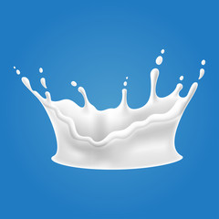 Vector illustrations of milk splash and pouring, realistic natural dairy products, yogurt or cream, isolated on blue background. - 300259210