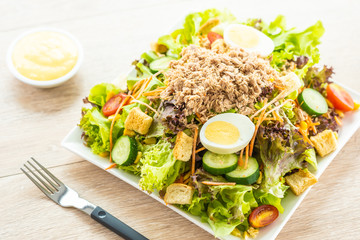 Tuna meat and eggs with fresh vegetable salad