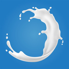 Vector illustrations of milk splash and pouring, realistic natural dairy products, yogurt or cream, isolated on blue background. - 300259238