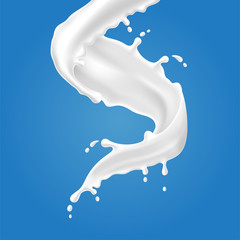 Vector illustrations of milk splash and pouring, realistic natural dairy products, yogurt or cream, isolated on blue background. - 300259248
