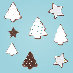 Christmas cookies. Individual elements . For decoration and design. Glaze. Christmas. Christmas tree. Star. Happy New Year. Vector.