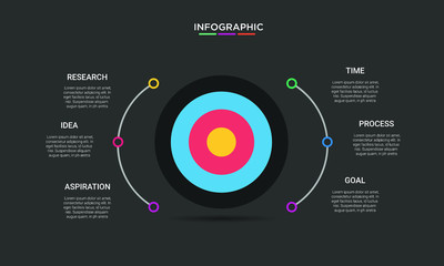 Fototapeta premium Six 6 Options infographic with shot target icon. step chart workflow element Plan Slide Template with isolated background theme