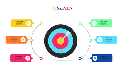 	 Six 6 Options infographic with shot target icon. step chart workflow  element Plan Slide Template with isolated background theme