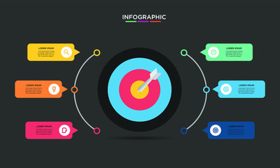 	 Six 6 Options infographic with shot target icon. step chart workflow  element Plan Slide Template with isolated background theme