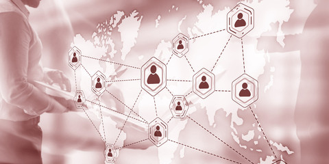 Social network with connected people 3D icons on map. Background for presentations