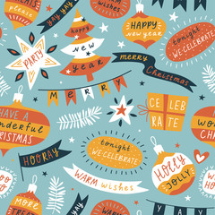 Christmas, new year seamless pattern with warm wishes in ornamental garlands, balloons and Christmas tree decorations. Vector design for wrapping paper.