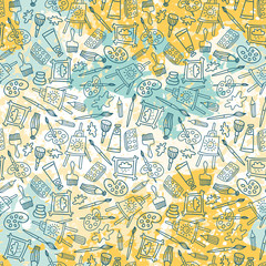 Seamless pattern in hand drawn doodle style. Line objects on the splashes of paint. Repeat background with art materials, brushes, paints and tools.  Design for web background or wrapping paper.