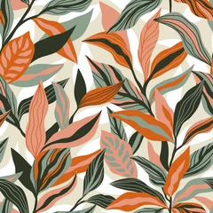 Gardinen Pflanzen Muster  Tropical leaves hand drawn seamless pattern. Botanical trendy design in orange and green colors. Vector repeating design for fabric, wallpaper or wrap papers.  © Utro na more