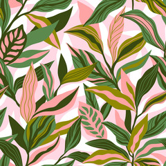 Tropical leaves hand drawn seamless pattern. Botanical trendy design in pink and green colors. Vector repeating design for fabric, wallpaper or wrap papers.