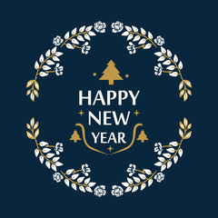 Card template happy new year with white leaf flower frame, isolated on dark blue background. Vector