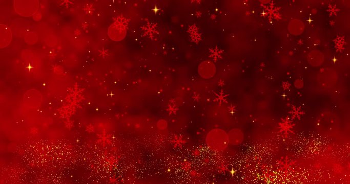 Red confetti, snowflakes and bokeh lights on the red Christmas background.