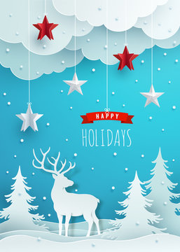 Christmas greeting card design. Paper decoration and clouds against blue background.  Vector Illustration