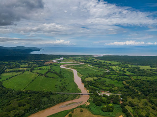Beautiful aerial view of the Tempisque river with crocodiles in Costa Rica
