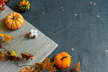 Autumn Background with leaves, pumpkins, and gourds.