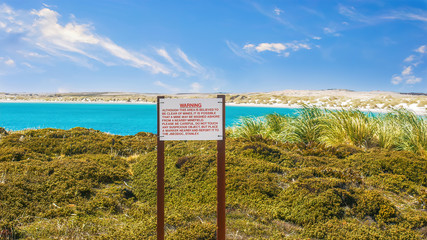 A sign near Port Stanley, Falkland Islands, warning that landmines may still be in the coastal area...