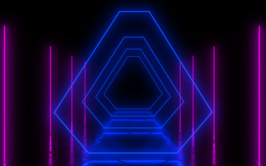 abstract architecture tunnel with neon light. 3d illustrationa