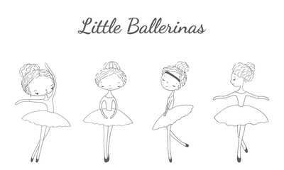 Vector set decorative elements for D.I.Y. with black and white outline cute little ballerinas. Vector graphic illustration isolated on white. 