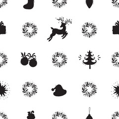 Merry Christmas Background. Holiday Vector Seamless Pattern. Christmas Symbols Silhouettes. Winter Holidays. New year Wallpaper
