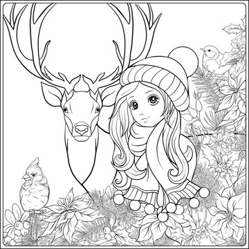 Christmas wreath of spruce, pine, poinsettia, winter bird, deer and nice girl in hat. Coloring page for the adult coloring book. Outline hand drawing vector illustration..